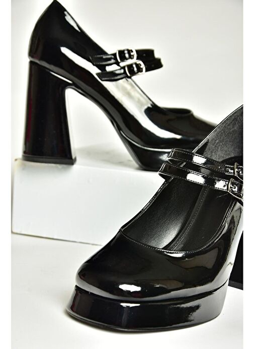 T569613308 Siyah Rugan Kalın Topuklu Kadın Ayakkabı - Görsel 7