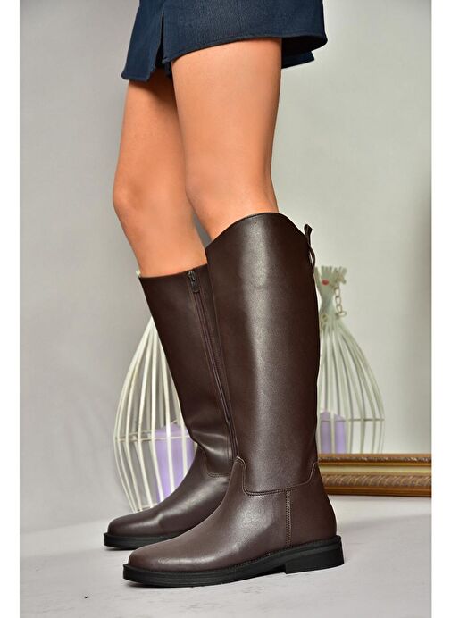 T654000609 Kahverengi Düz Tabanlı Kadın Çizme - Görsel 4