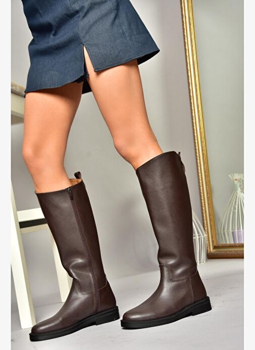 T654000609 Kahverengi Düz Tabanlı Kadın Çizme - Görsel 5