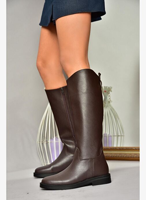 T654000609 Kahverengi Düz Tabanlı Kadın Çizme - Görsel 4