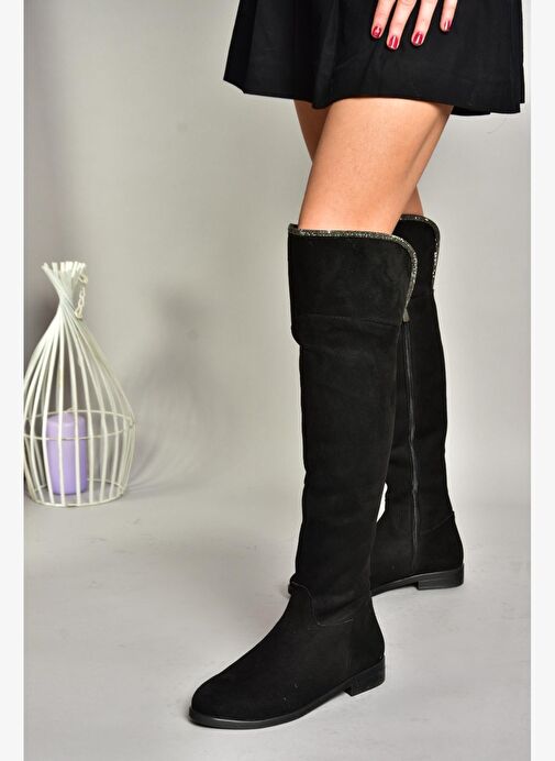 T848643502 Siyah Süet Taş Detaylı Kadın Çizme - Görsel 2