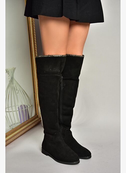 T848643502 Siyah Süet Taş Detaylı Kadın Çizme - Görsel 5