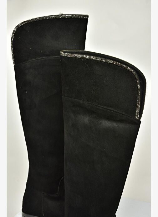 T848643502 Siyah Süet Taş Detaylı Kadın Çizme - Görsel 6