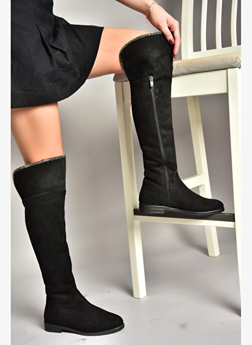 T848643502 Siyah Süet Taş Detaylı Kadın Çizme - Görsel 3