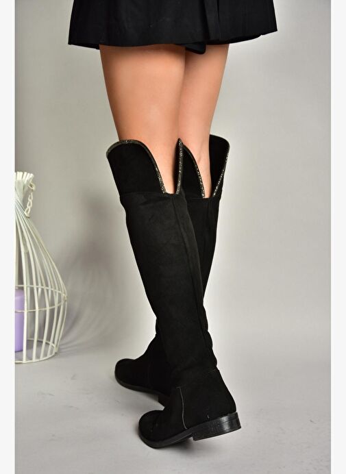 T848643502 Siyah Süet Taş Detaylı Kadın Çizme - Görsel 4