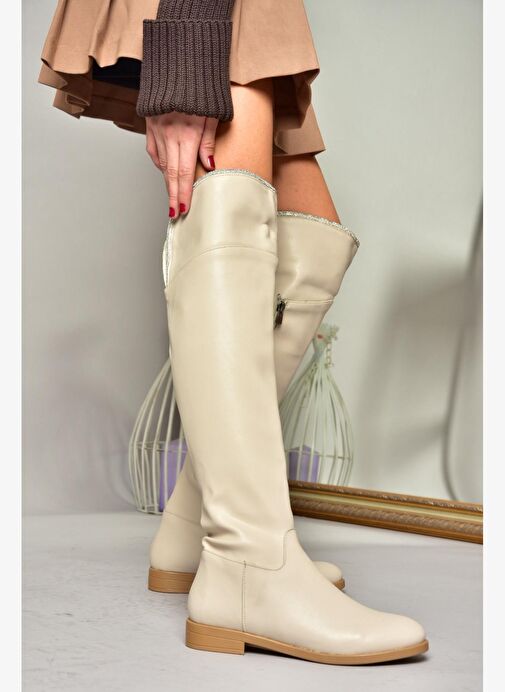 T848643509 Bej Taş Detaylı Kadın Çizme - Görsel 3