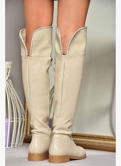 T848643509 Bej Taş Detaylı Kadın Çizme - Görsel 5