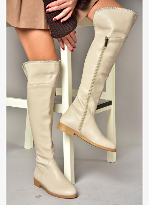 T848643509 Bej Taş Detaylı Kadın Çizme - Görsel 4