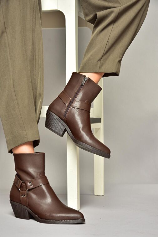 T404400609 Kahverengi Kalın Topuklu Kadın Bot - Görsel 2