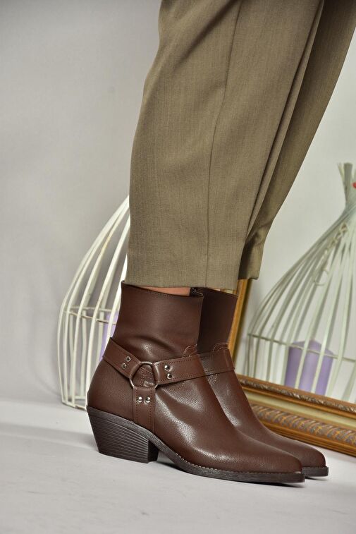 T404400609 Kahverengi Kalın Topuklu Kadın Bot - Görsel 3