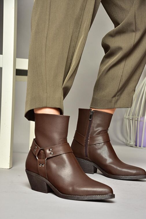 T404400609 Kahverengi Kalın Topuklu Kadın Bot - Görsel 5
