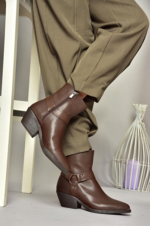 T404400609 Kahverengi Kalın Topuklu Kadın Bot - Görsel 6
