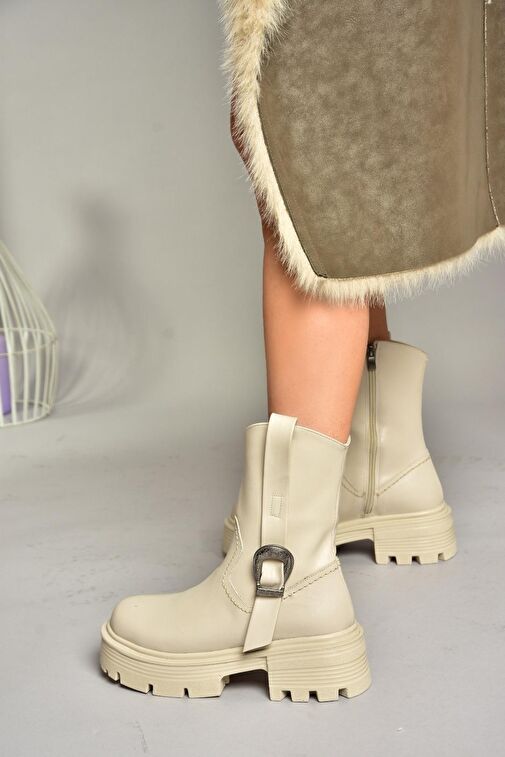 T267096409 Bej Kalın Tabanlı Kadın Bot - Görsel 4