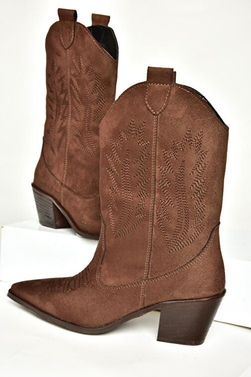 T267655002 Kahverengi Süet Kalın Topuklu Kadın Bot - Görsel 6