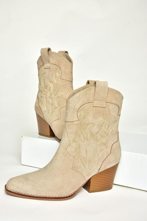 T296112002 Bej Süet Kalın Topuklu Kadın Bot - Görsel 6