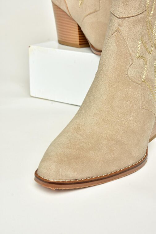 T296112002 Bej Süet Kalın Topuklu Kadın Bot - Görsel 7