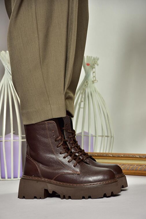 T380170003 Kahverengi Hakiki Deri Kalın Tabanlı Kadın Bot - Görsel 6