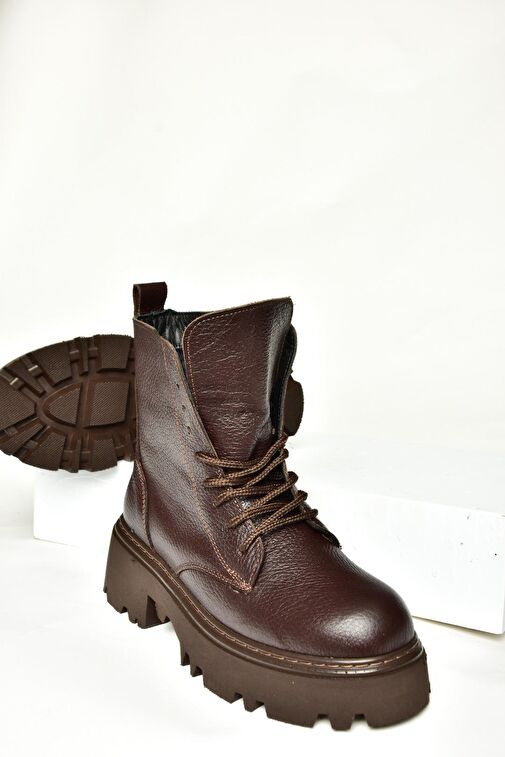 T380170003 Kahverengi Hakiki Deri Kalın Tabanlı Kadın Bot - Görsel 7