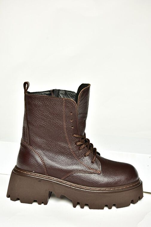 T380170003 Kahverengi Hakiki Deri Kalın Tabanlı Kadın Bot - Görsel 8