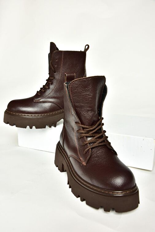 T380170003 Kahverengi Hakiki Deri Kalın Tabanlı Kadın Bot - Görsel 9