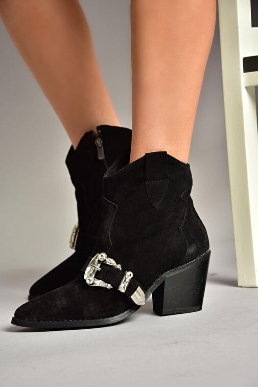 T380395002 Siyah Süet Taş Detaylı Kadın Bot - Görsel 3