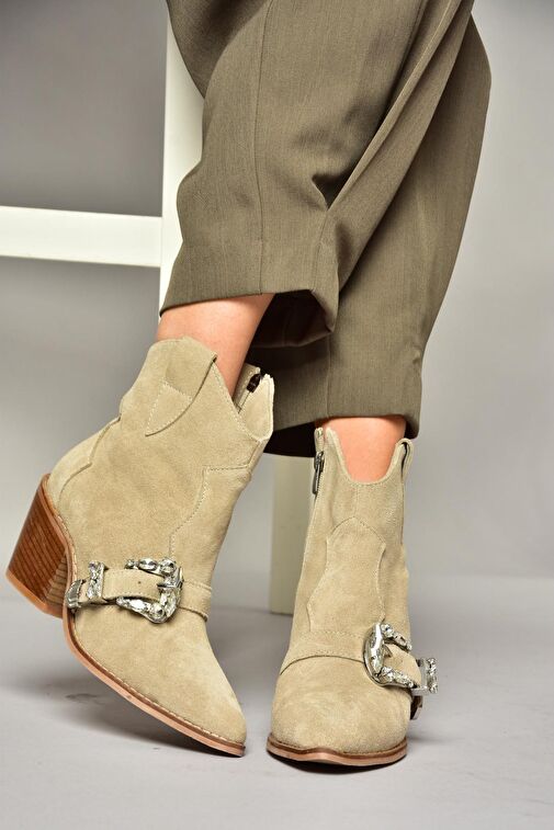 T380395002 Bej Süet Taş Detaylı Kadın Bot - Görsel 2