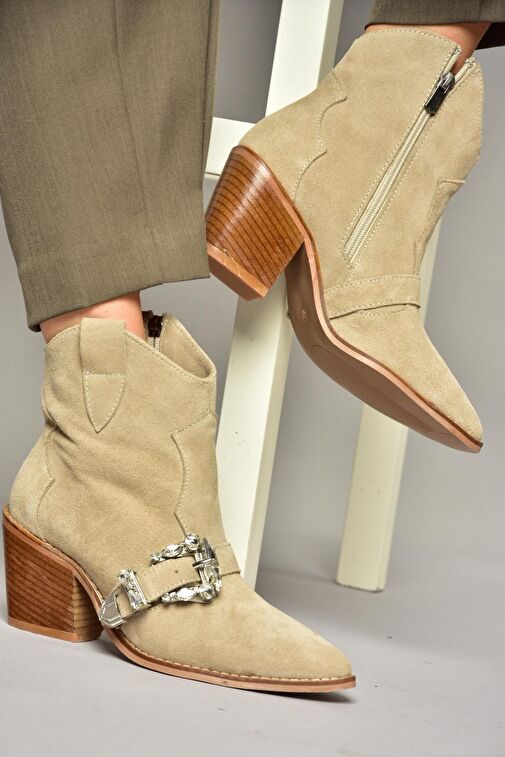 T380395002 Bej Süet Taş Detaylı Kadın Bot - Görsel 3