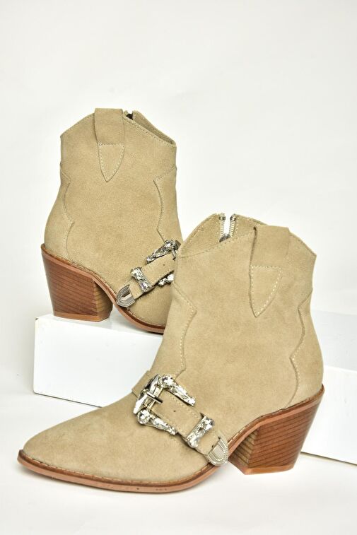T380395002 Bej Süet Taş Detaylı Kadın Bot - Görsel 6
