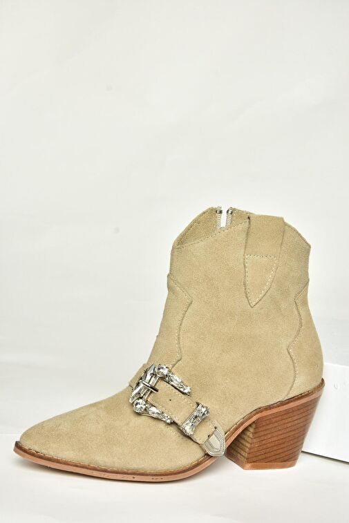 T380395002 Bej Süet Taş Detaylı Kadın Bot - Görsel 7