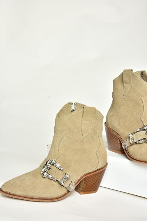 T380395002 Bej Süet Taş Detaylı Kadın Bot - Görsel 8