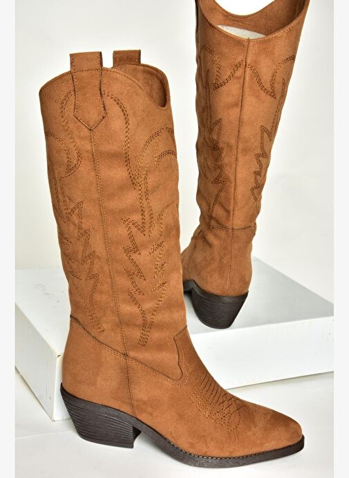 T404401202 Taba Süet Kovboy Model Kadın Çizme - Görsel 9