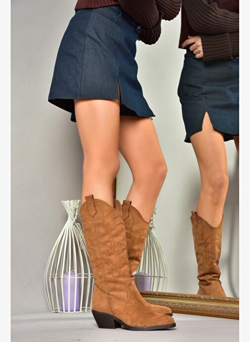 T404401202 Taba Süet Kovboy Model Kadın Çizme - Görsel 4