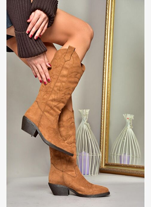 T404401202 Taba Süet Kovboy Model Kadın Çizme - Görsel 2