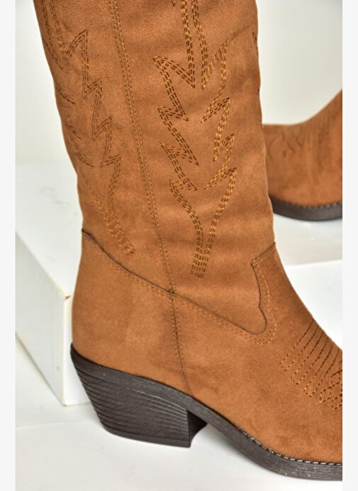 T404401202 Taba Süet Kovboy Model Kadın Çizme - Görsel 8
