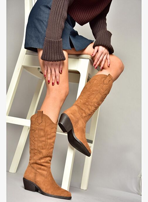 T404401202 Taba Süet Kovboy Model Kadın Çizme - Görsel 6