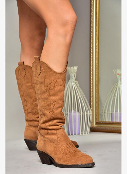 T404401202 Taba Süet Kovboy Model Kadın Çizme - Görsel 5