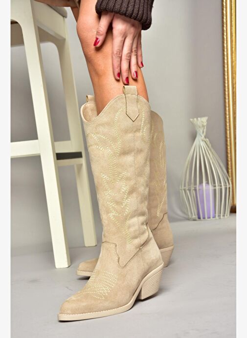 T404401202 Ten Süet Kovboy Model Kadın Çizme - Görsel 3