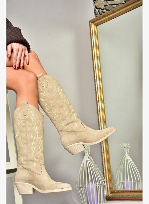 T404401202 Ten Süet Kovboy Model Kadın Çizme - Görsel 5