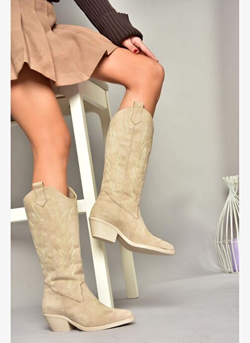 T404401202 Ten Süet Kovboy Model Kadın Çizme - Görsel 2