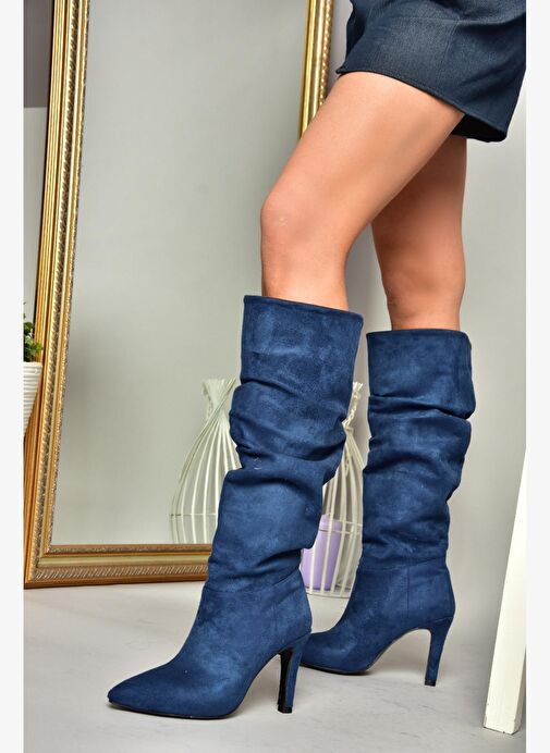 L404868002 Lacivert Süet İnce Topuklu Kadın Çizme - Görsel 2