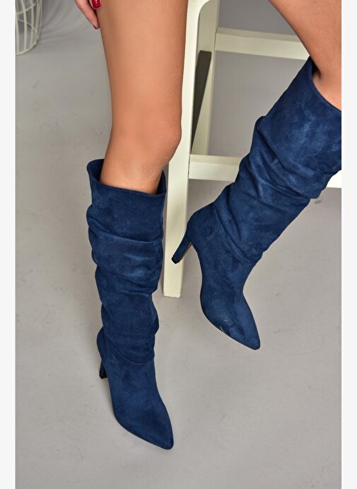 L404868002 Lacivert Süet İnce Topuklu Kadın Çizme - Görsel 3