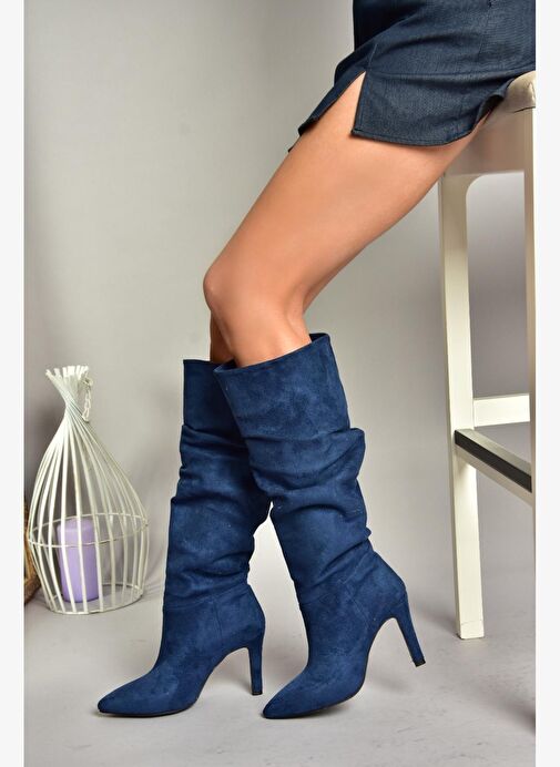 L404868002 Lacivert Süet İnce Topuklu Kadın Çizme - Görsel 5