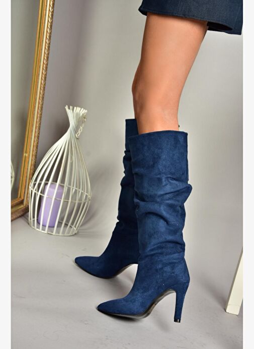 L404868002 Lacivert Süet İnce Topuklu Kadın Çizme - Görsel 4