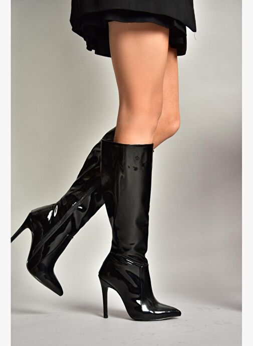 N372530108 Siyah Rugan İnce Topuklu Sivri Burun Kadın Çizme - Görsel 5