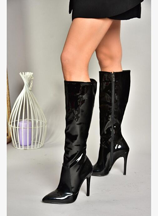 N372530108 Siyah Rugan İnce Topuklu Sivri Burun Kadın Çizme - Görsel 2