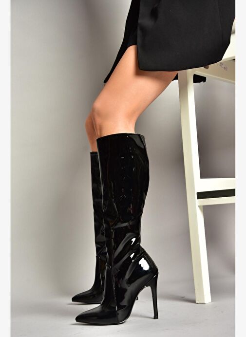 N372530108 Siyah Rugan İnce Topuklu Sivri Burun Kadın Çizme - Görsel 4
