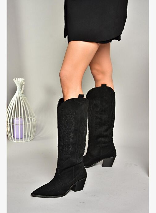 T267765202 Siyah Süet Kovboy Model Kadın Çizme - Görsel 3