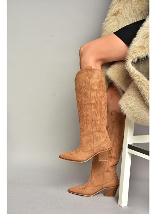 T267765202 Taba Süet Kovboy Model Kadın Çizme - Görsel 3