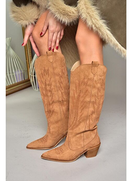 T267765202 Taba Süet Kovboy Model Kadın Çizme - Görsel 6