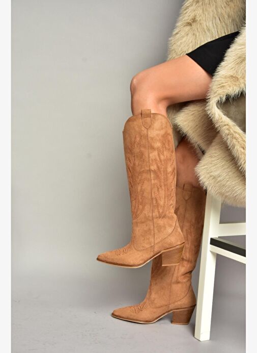T267765202 Taba Süet Kovboy Model Kadın Çizme - Görsel 3